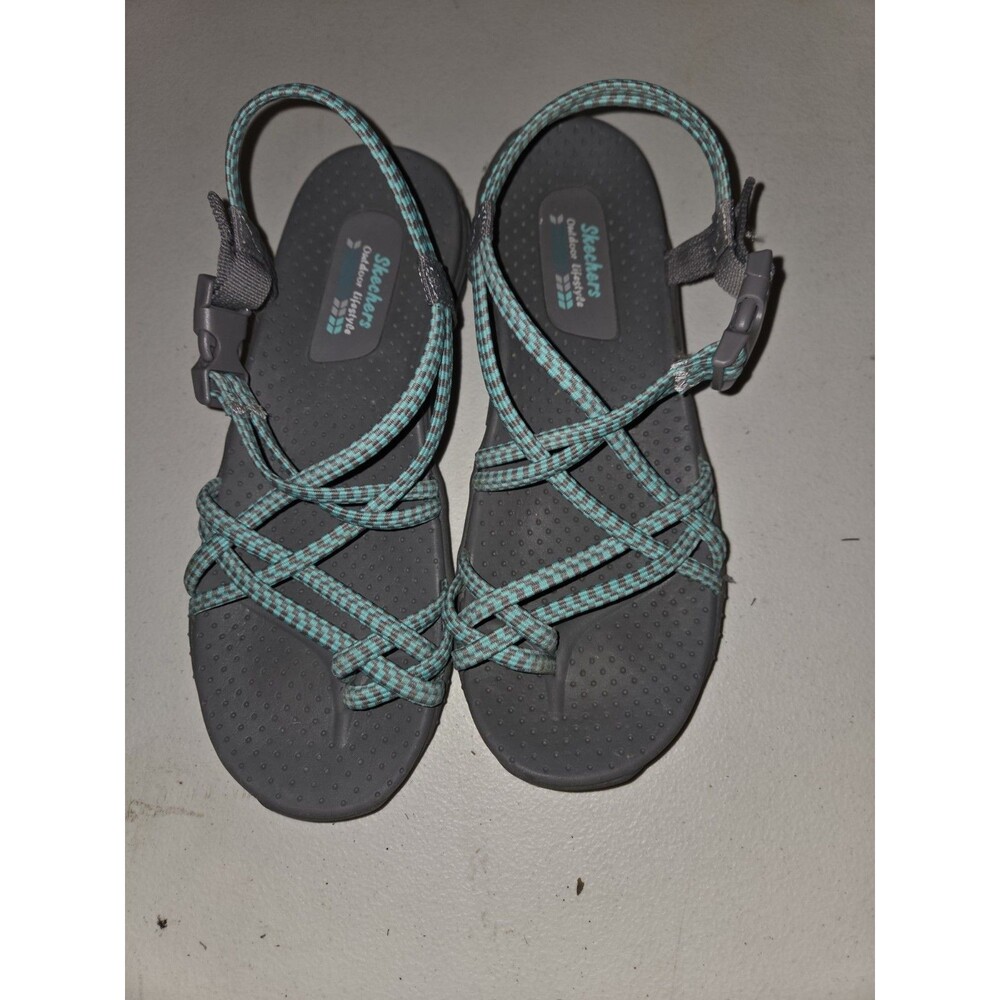 ​Skechers Reggae Women's Size 8 Gray Aqua Strappy Outdoor Sandals Toe Ring